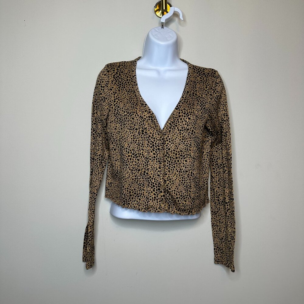 American Eagle Plush Leopard Print Cropped Cardigan Sweater Women's Small